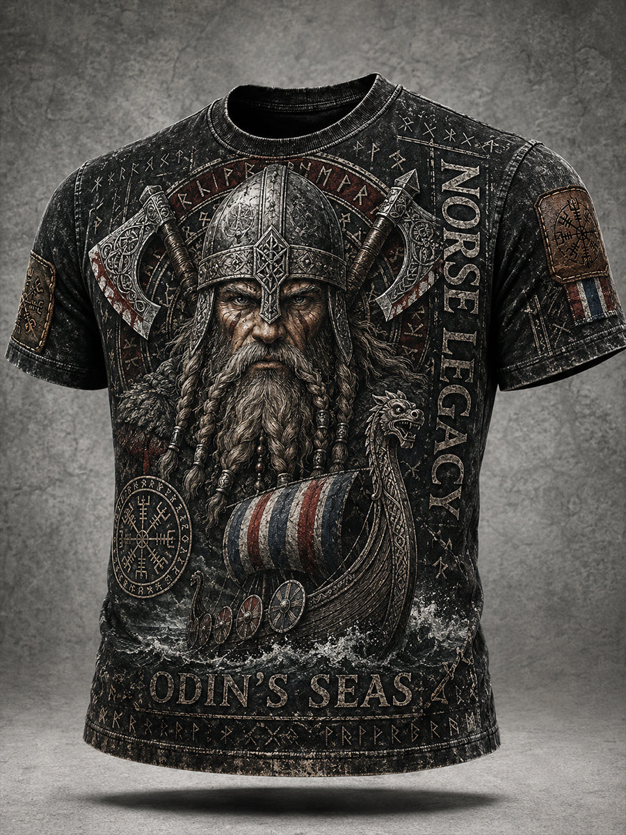 Lässiges T-Shirt im Vintage-Stil mit Wikinger-/Nordik-Art-Print