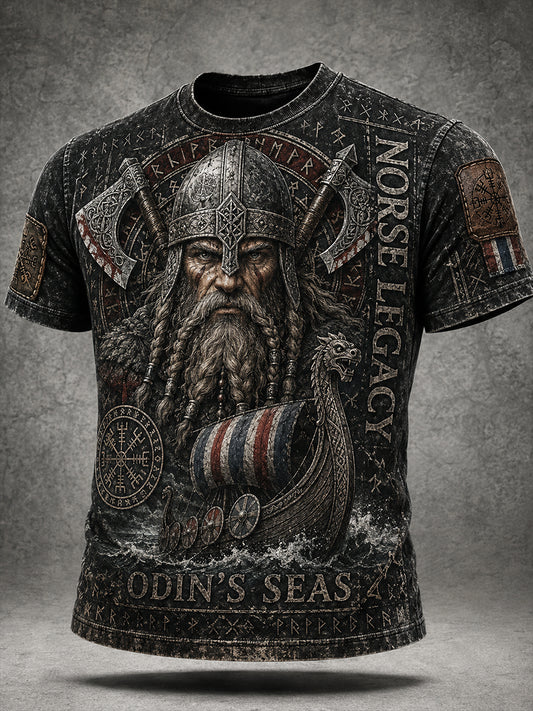 Lässiges T-Shirt im Vintage-Stil mit Wikinger-/Nordik-Art-Print