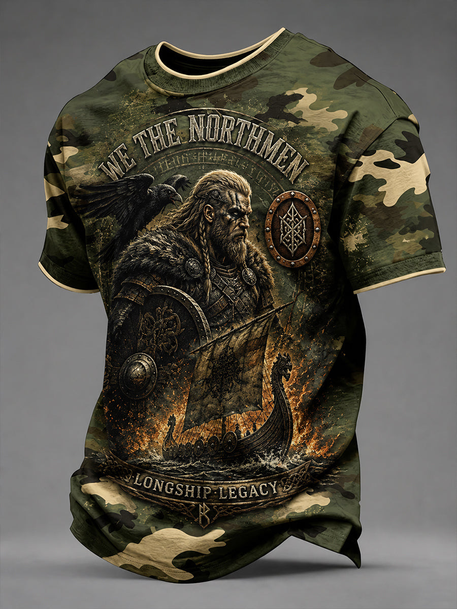 Lässiges T-Shirt im Vintage-Stil mit Wikinger-/Nordik-Art-Print