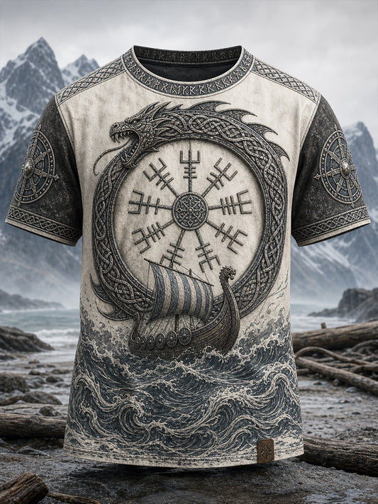 Lässiges T-Shirt im Vintage-Stil mit Wikinger-/Nordik-Art-Print
