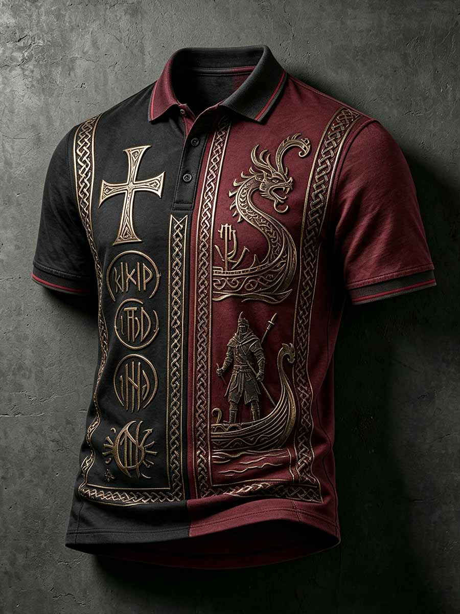 Herren Vintage Viking Krieger Print Polo Shirt
