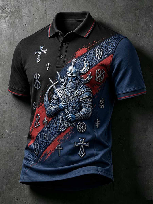 Herren-Poloshirt im Vintage-Stil mit Wikinger-Krieger-Print