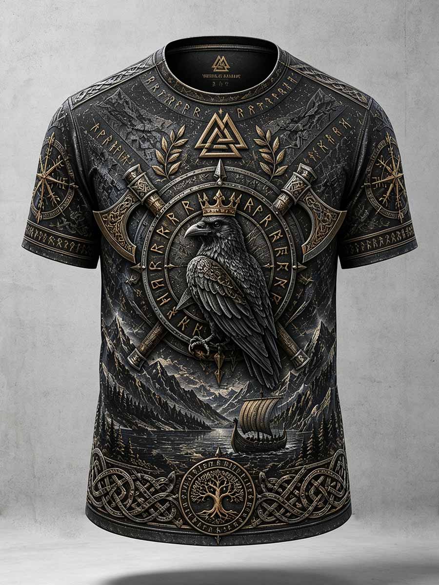 Herren-Vintage-T-Shirt mit Wikinger-Muster