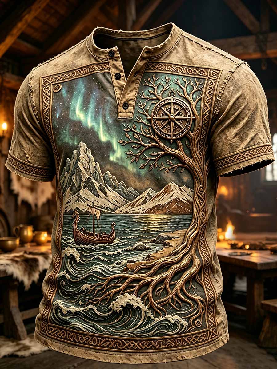 Herren-Vintage-T-Shirt mit Wikinger-Muster