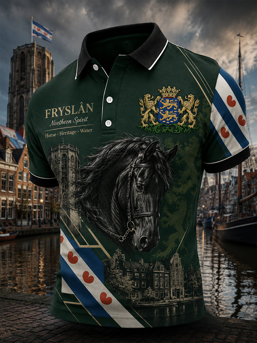 Men's Short-Sleeve Polo Shirt with Urban Commemorative Graphic Print