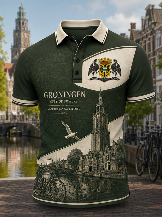 Herren-Poloshirt mit kurzen Ärmeln und urbanem, erinnerungsträchtigem Grafikdruck