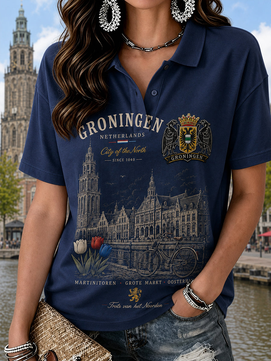 Kurzärmliges Polos hirt für Frauen mit City-Souvenir-Grafik druck