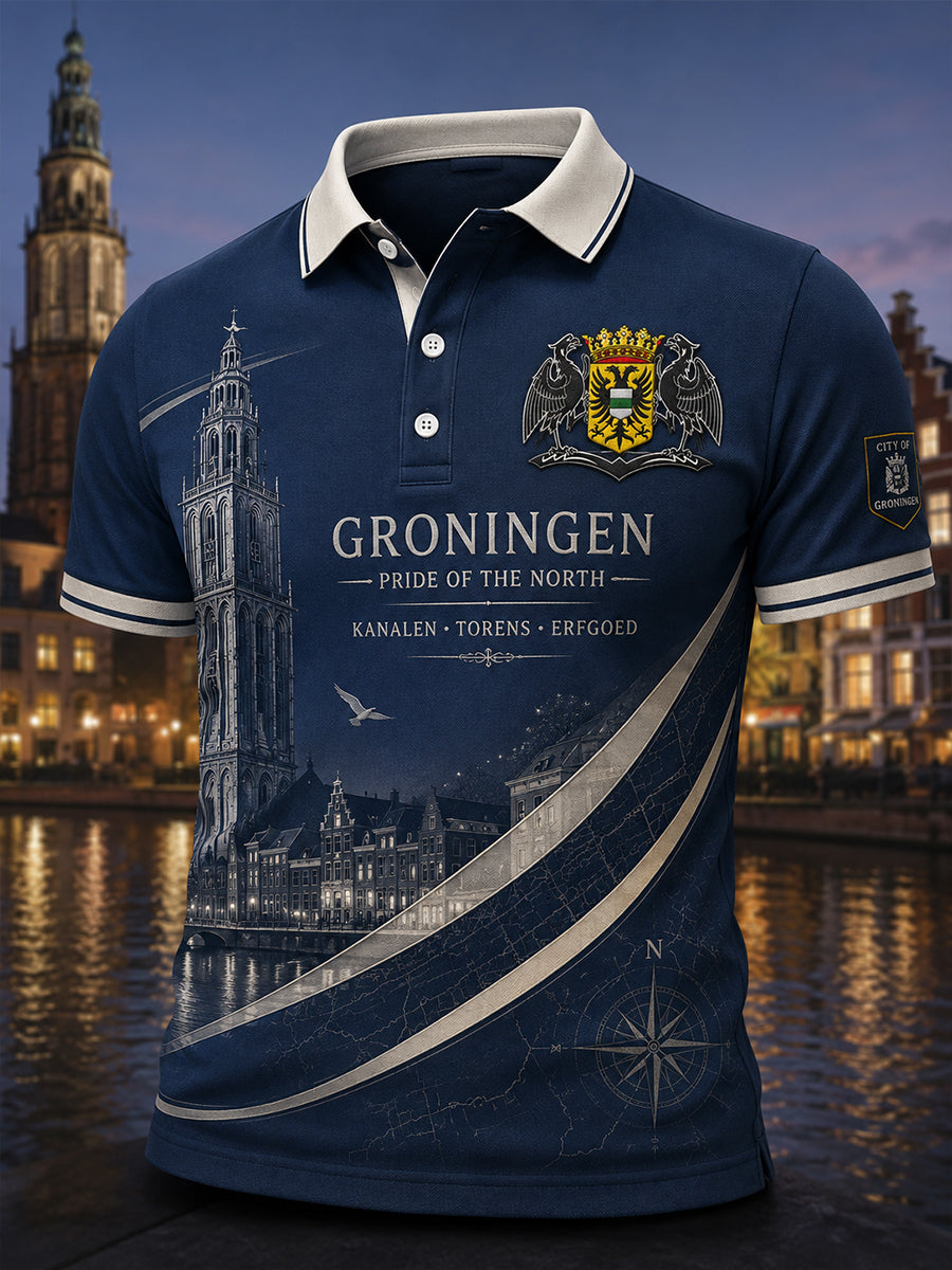 Herren-Poloshirt mit kurzen Ärmeln und urbanem, erinnerungsträchtigem Grafikdruck