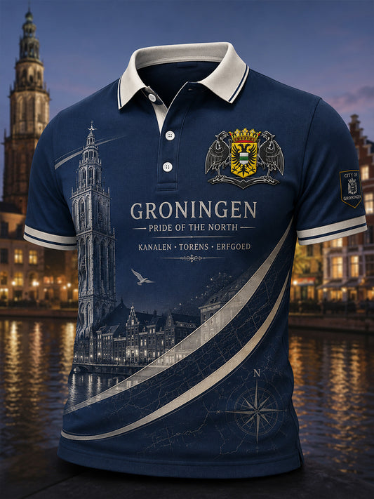 Herren-Poloshirt mit kurzen Ärmeln und urbanem, erinnerungsträchtigem Grafikdruck