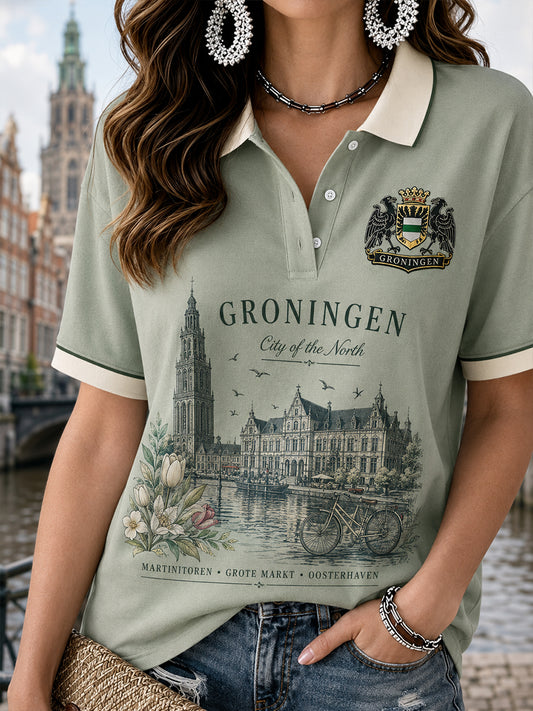 Damen-Poloshirt mit kurzen Ärmeln und grafischem Städte-Souvenir-Print