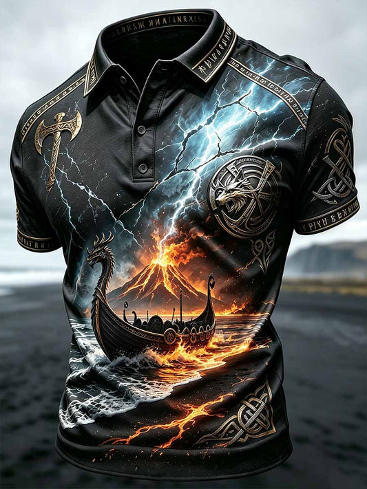 Herren Vintage Viking Wolf Print Polo Shirt