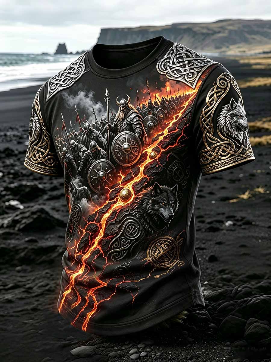 Herren-Vintage-T-Shirt mit Wikinger-Wolf-Print