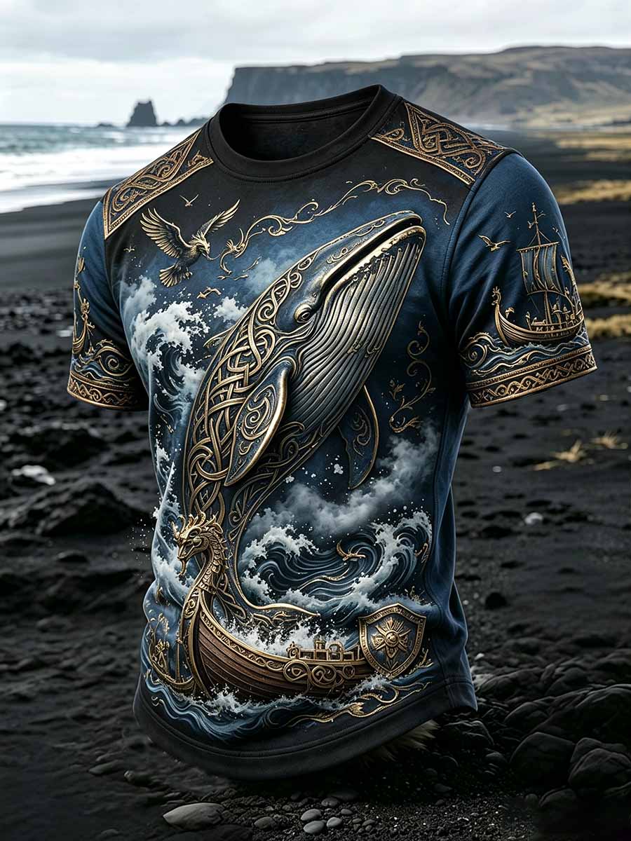 Herren Vintage Viking Wal Print T-Shirt