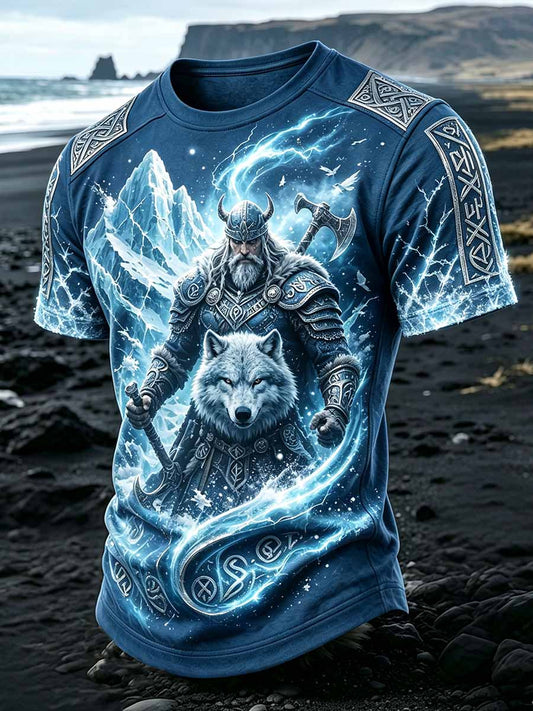Herren-Vintage-T-Shirt mit Wikinger-Wolf-Print