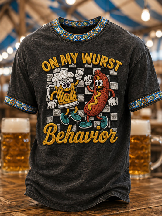 Herren-Oktoberfest‑T-Shirt mit Wurst‑Witzen‑Print, lässig geschnitten