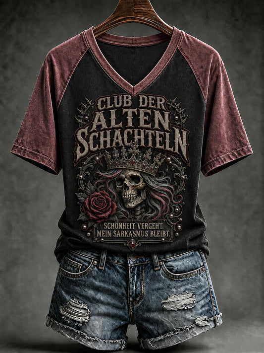 Frauen-T-Shirt mit witzigem Slogan-Print und V-Ausschnitt