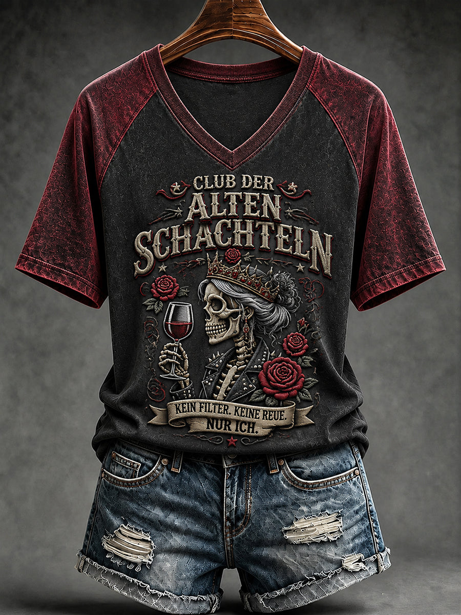 Frauen-T-Shirt mit witzigem Slogan-Print und V-Ausschnitt