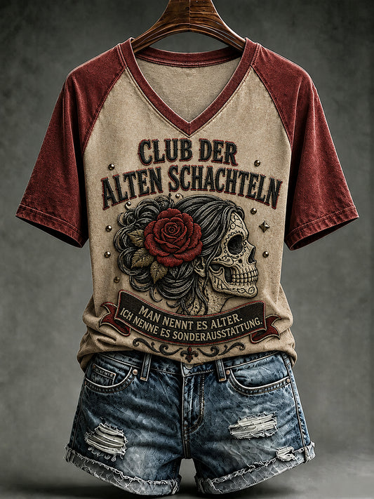 Frauen-T-Shirt mit witzigem Slogan-Print und V-Ausschnitt