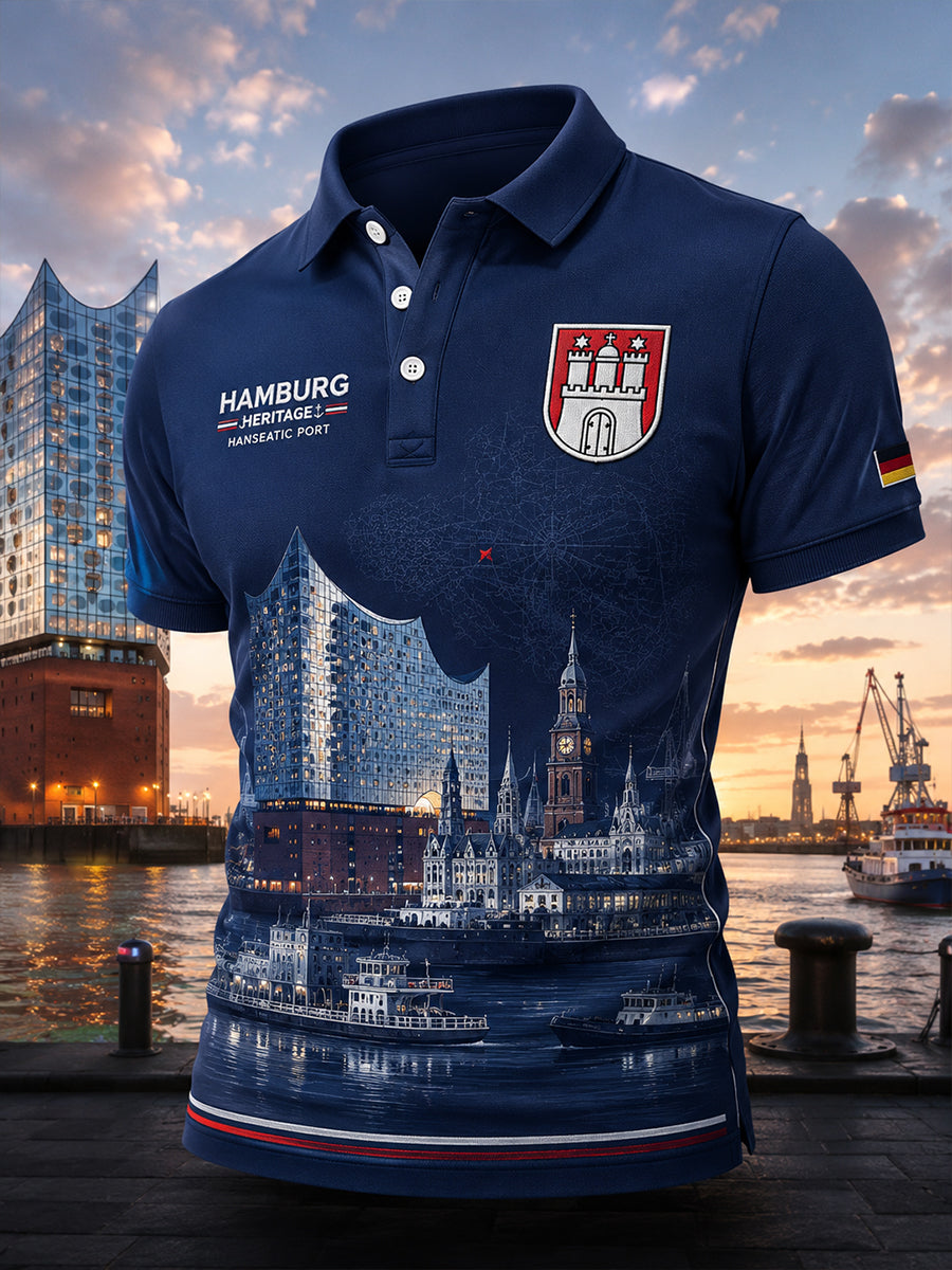 Herren-Poloshirt mit kurzen Ärmeln und urbanem, erinnerungsträchtigem Grafikdruck