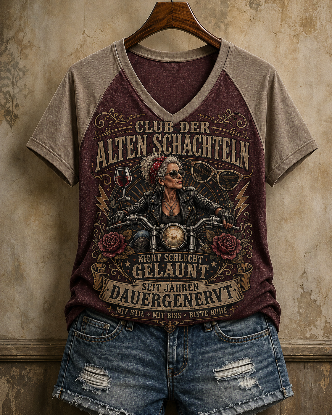 Frauen-Humor-Slogan-V-Ausschnitt-Off‑Shoulder-Kurzarm-T-Shirt