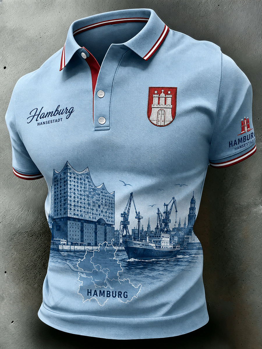 Herren-Poloshirt mit kurzen Ärmeln und Vintage-Print im Stil eines Städte-Souvenirs