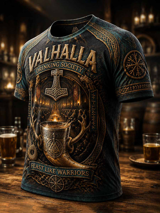 Herren-Vintage-Trinkfest-T-Shirt mit Wikinger-Print
