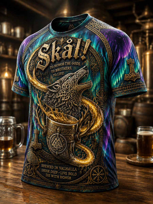 Herren-Vintage-Trinkfest-T-Shirt mit Wikinger-Print