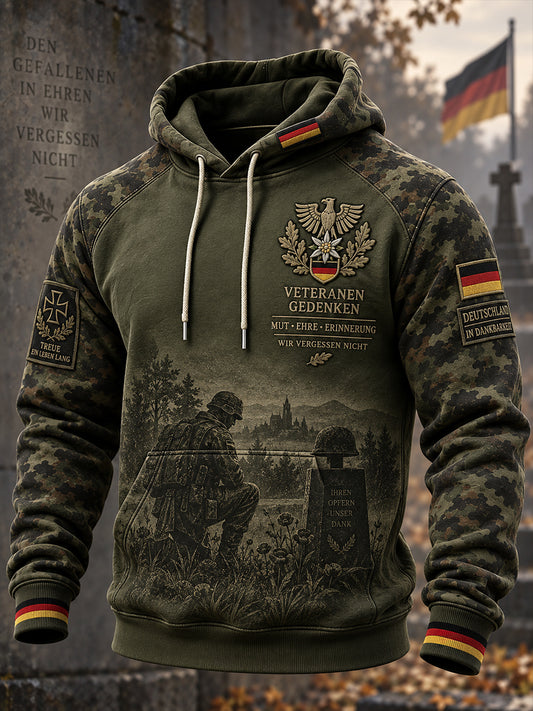Men's Vintage Veteran-Themed Print Long-Sleeve Hoodie