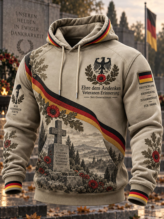 Men's Vintage Veteran-Themed Print Long-Sleeve Hoodie