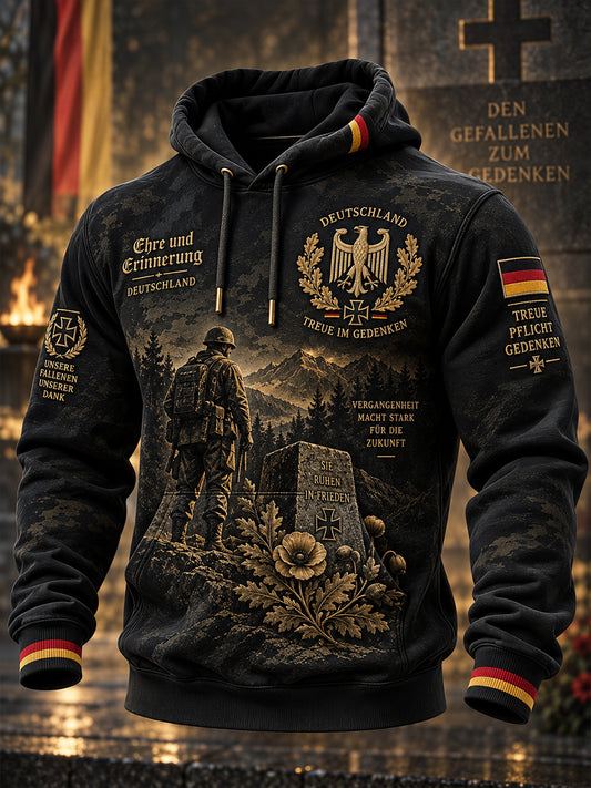 Men's Vintage Veteran-Themed Print Long-Sleeve Hoodie