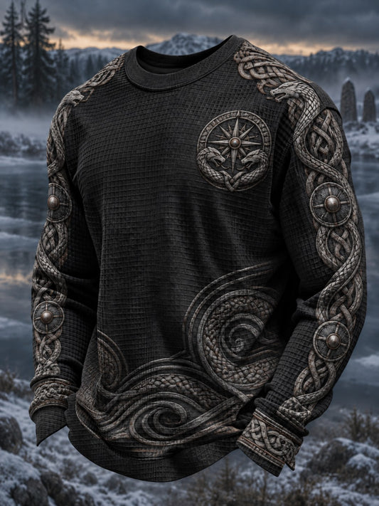 Herren-Viking-Print-Waffel-Longsleeve-T-Shirt