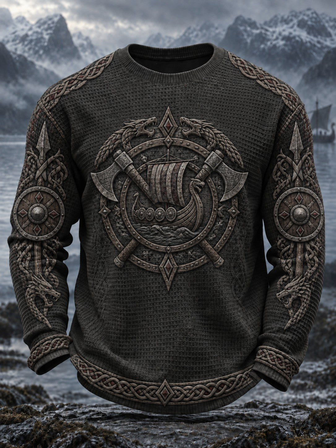 Herren-Viking-Print-Waffel-Longsleeve-T-Shirt