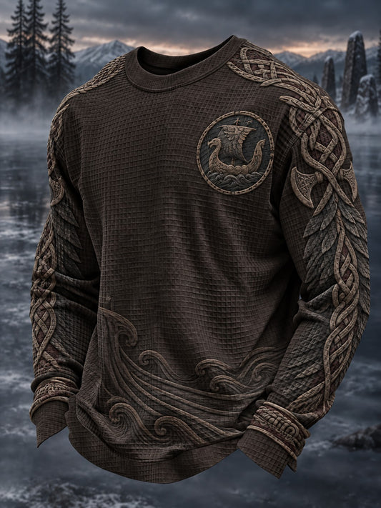 Herren-Viking-Print-Waffel-Longsleeve-T-Shirt