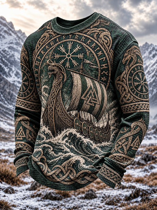 Herren-Viking-Print-Waffelpiqué-Langarm-T-Shirt