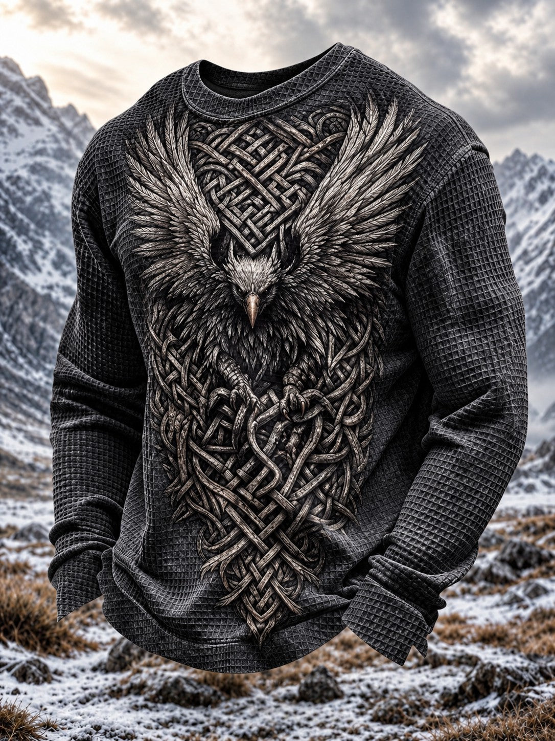 Herren-Viking-Print-Waffelpiqué-Langarm-T-Shirt