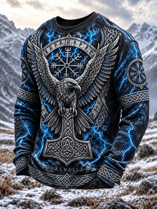 Herren-Viking-Print-Waffelpiqué-Langarm-T-Shirt