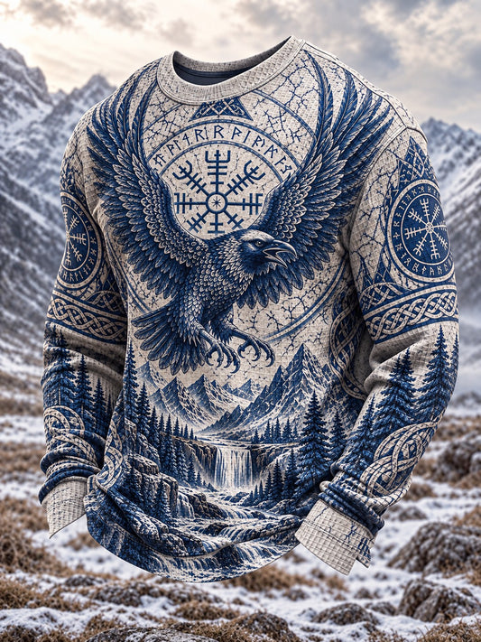 Herren-Viking-Print-Waffelpiqué-Langarm-T-Shirt