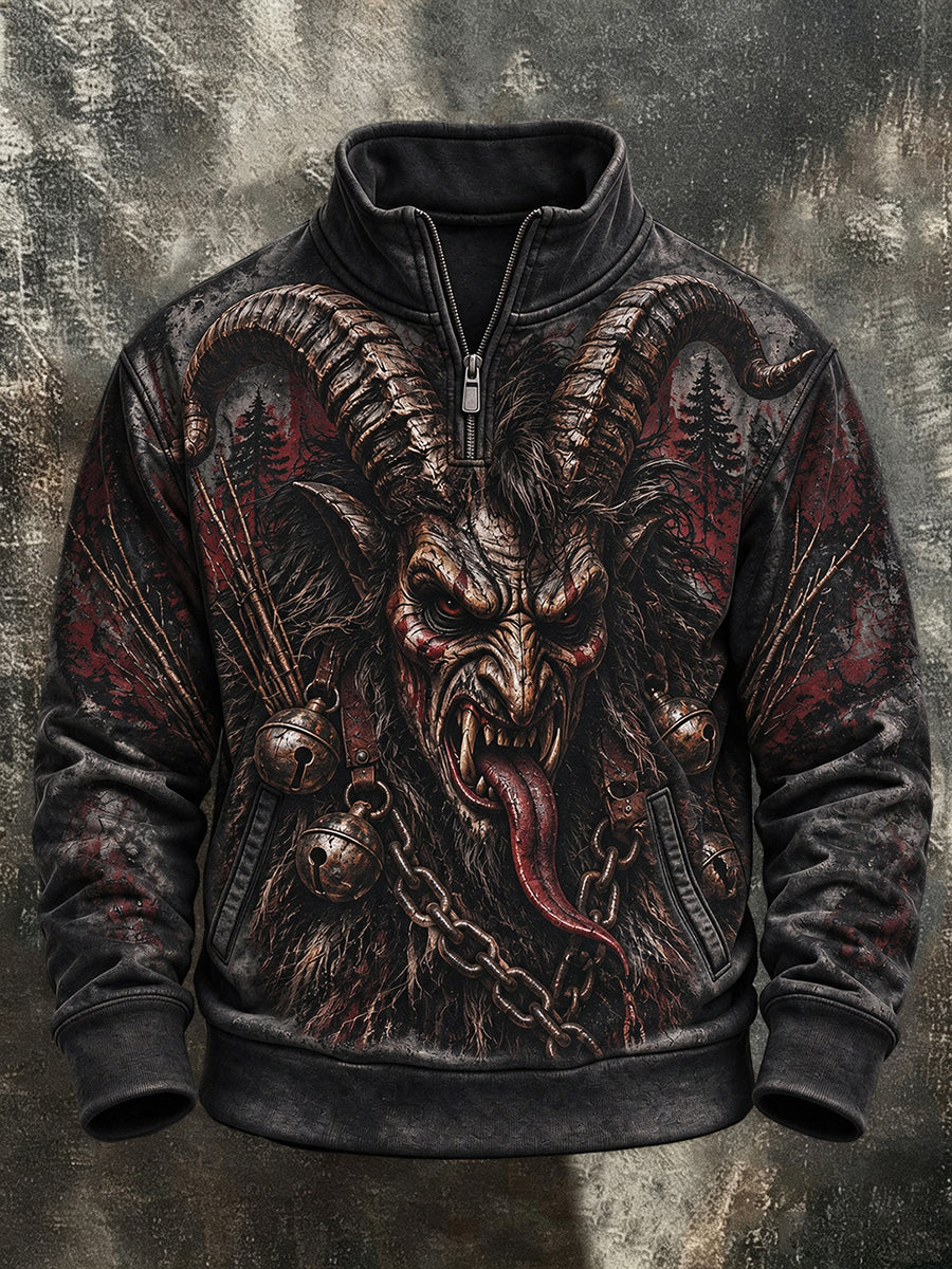Herren-Krampusnacht-Print-Sweatshirt mit Reißverschluss