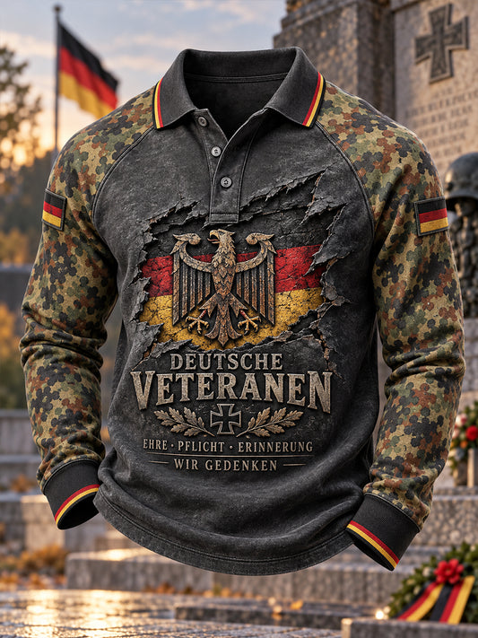Herren-Poloshirt mit langen Raglanärmeln im Veteranen-Gedenkdesign