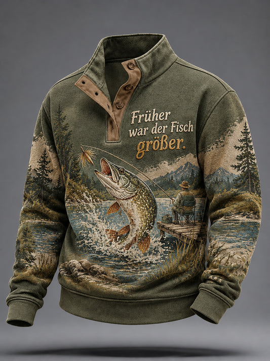 Herren-Sweatshirt mit lustigem Angler-Slogan und vier Knöpfen