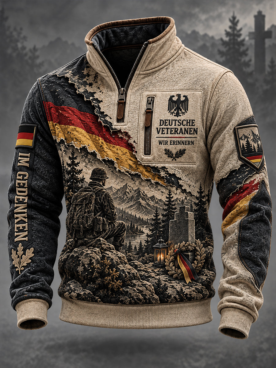 Herren-Sweatshirt mit Grafikdruck zum Thema Veteranen-Gedenken, Mock-Neck und langen Ärmeln