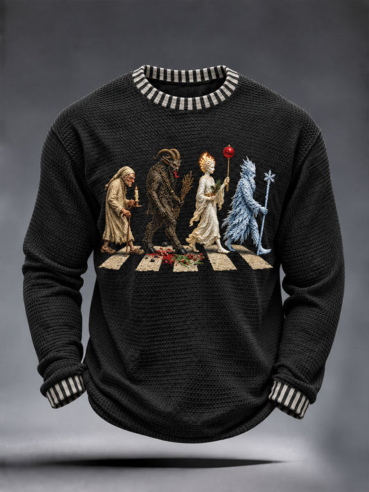 Herren-Langarm-T-Shirt im Waffelstrick-Style mit Winter-Folklore-Motiv und Nikolaus-Yule-Print, lässiger Stil