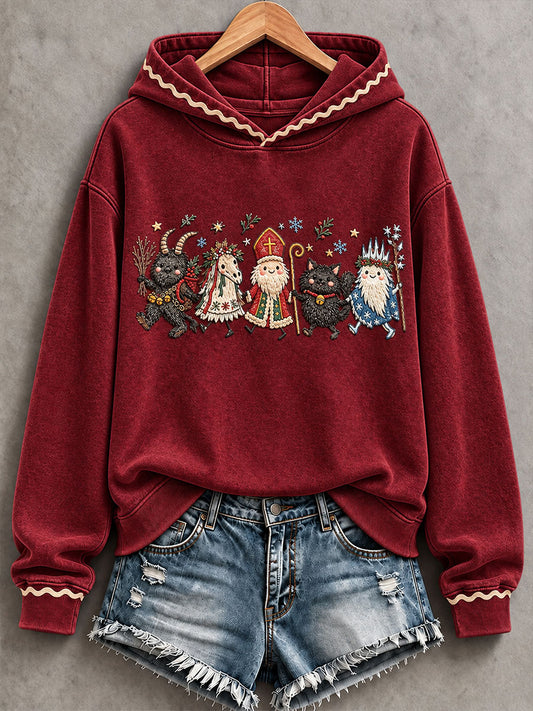 Damen-Kapuzenpullover „Winterfolklore“ mit Nikolaus- und Weihnachtsmotiv, lässiger Stil