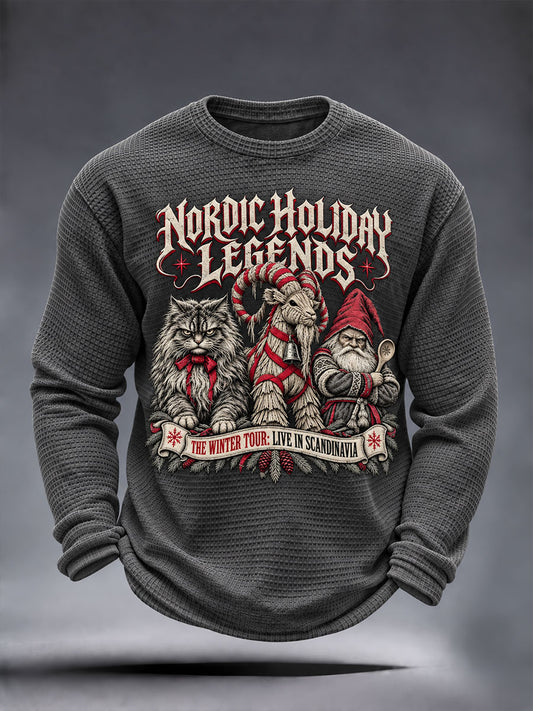 Herren-Langarm-T-Shirt im Waffelstrick-Style mit Winter-Folklore-Motiv und Nikolaus-Yule-Print, lässiger Stil